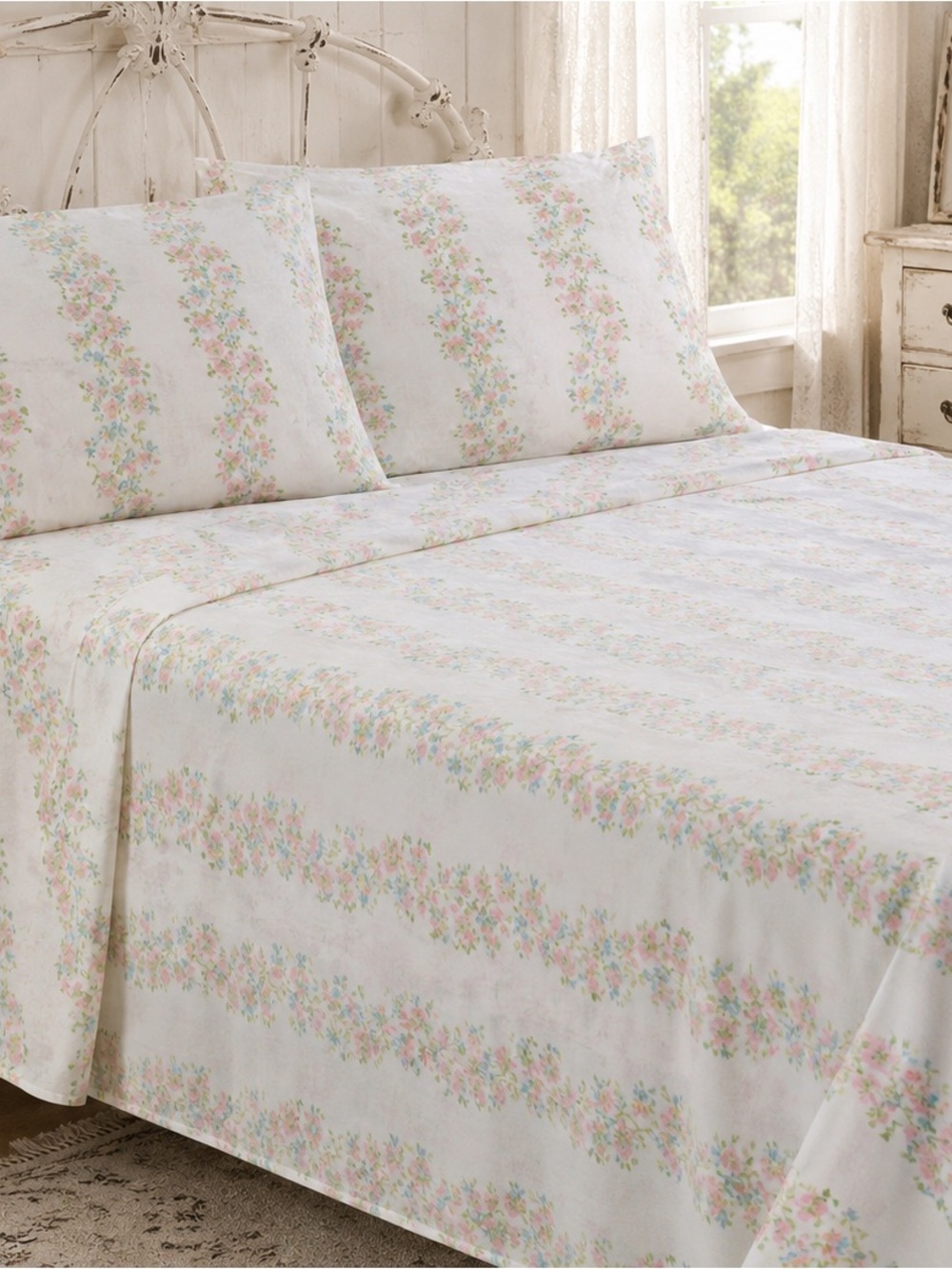 Rachel Ashwell The Farmhouse Full 100% Cotton Floral Sheet Set NIP Cottage